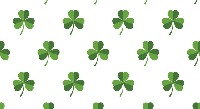 Seamless vector pattern featuring bright green three-leaf clovers or shamrocks on a clean white background for Saint Patrick.