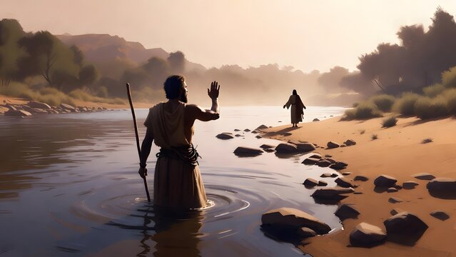 Subject: John the Baptist standing waist-deep in the Jordan blessing Jesus as he approaches from shore, presenting grace as the first visible sign of the new ministry era + Environment: calm river sha