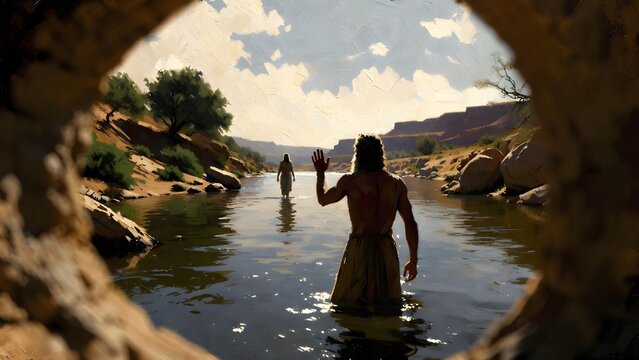 Subject: John the Baptist standing waist-deep in the Jordan River raising his hand in blessing as Jesus approaches from the shore, presenting the event as a prophetic watermark in sacred history + Env