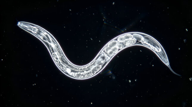 Nematode worm appears under a high magnification microscope lens to reveal the intricate internal cellular structures of this tiny soil dwelling organism.
