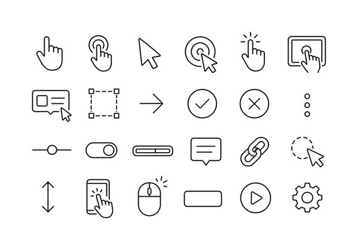 Pointer Click Gesture. Line icon set of pointer click gesture: pointer hand, click ripple, cursor arrow, target button, press finger, touch panel, hover card, selection outline, navigation arrow,