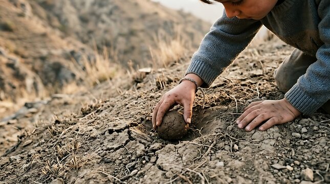 Close up of hands harvesting a wild truffle from dry rocky earth with harvesting