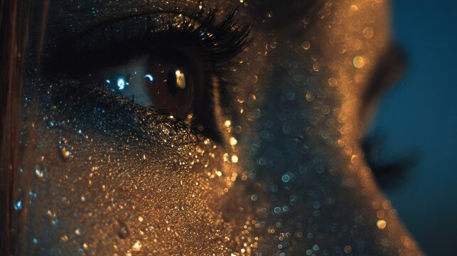 Human eye adorned with shimmering particles under dramatic contrasting light.