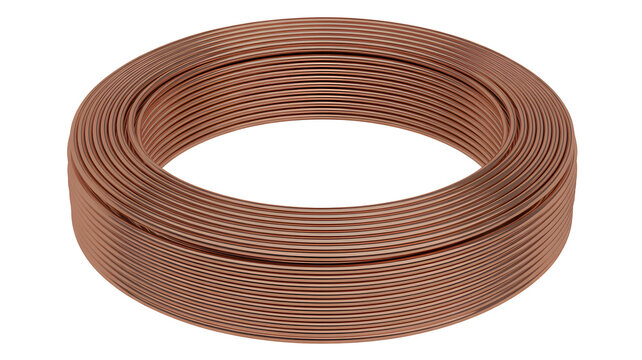 A neatly coiled roll of copper wire on a plain white background
