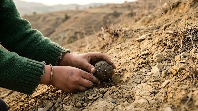 Person harvesting a fresh black truffle from dry soil in the countryside