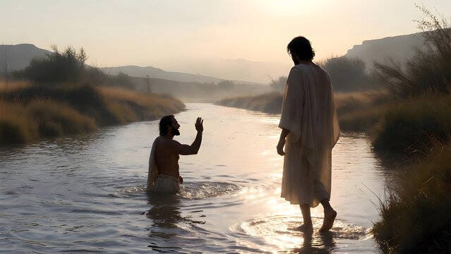 Subject: John the Baptist raising his hand in blessing from within the Jordan as Jesus steps toward the water, presented as the visual beginning of a divinely guided era + Environment: river surface f