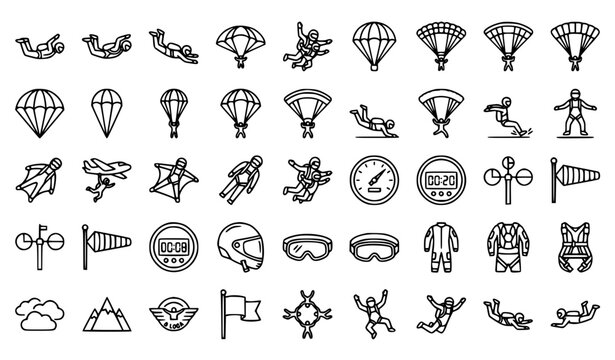 Skydivers 26 Icons Set with Parachute Jump Extreme Sport Freefall and Adventure Symbols Vector Illustration