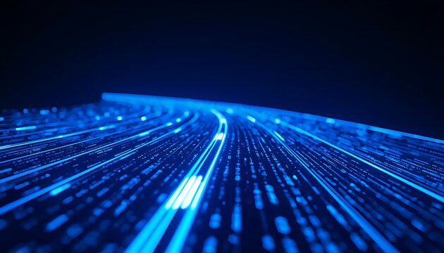 A futuristic digital highway composed of glowing blue lines and flowing binary digits, curving into the distance against a dark blue background, symbolizing data transfer, digital communication