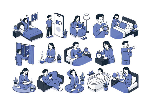 Healthy Sleep Hygiene collection of digital illustrations, 12-20 character-driven small scenes across full canvas, people with visible faces and expressive poses preparing for healthy sleep, turning