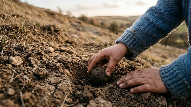 Farmer hands carefully harvesting a fresh black truffle from the dirt