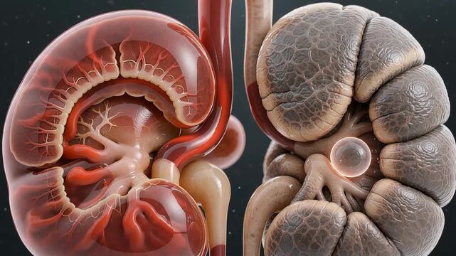 Healthy Kidney Cross Section vs Chronic Renal Disease, Diabetic Nephropathy 3D Medical Animation for Pharma Presentation