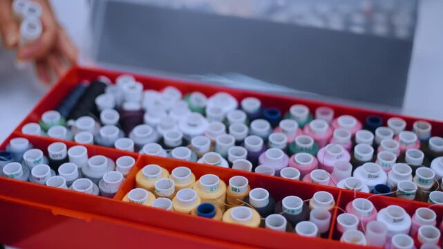 A close-up shot shows unidentified fingers lifting the lid of a thread assortment box. The camera captures the moment the colorful spools are revealed, creating a vibrant visual of sewing supplies