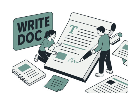 Modern Flat Series Document Writing banner with two office workers interacting with oversized document sheet and pen, papers and notes filling edges, bold uppercase text WRITE DOC inside rounded