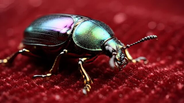 Closeup Macro Shot of a Shiny Metallic Beetle on a Red Textured Surface.