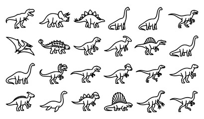 Fototapeta premium Dinosaur Outline Icon Collection with Prehistoric Animal Species Vector Pack