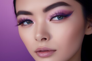 Fototapeta premium Woman applying purple eyeshadow and winged eyeliner for a beauty look