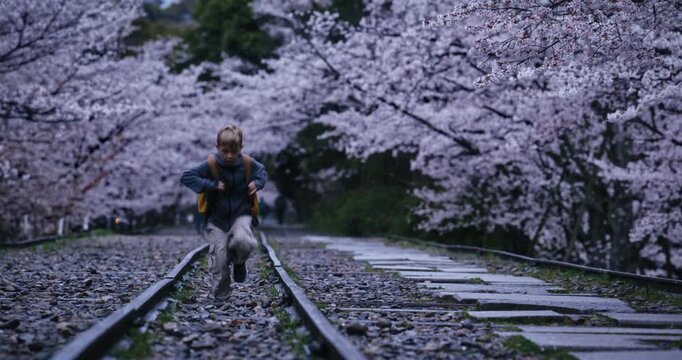 Lone child with backpack running down tracks with surrounding cherry blossom trees at dusk in slow motion