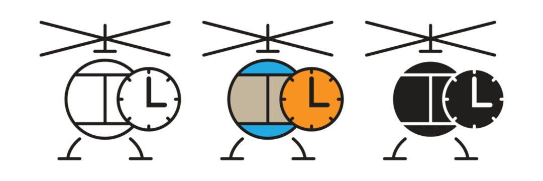 Helicopter or chopper transport icon set combined with a round clock time management symbol.