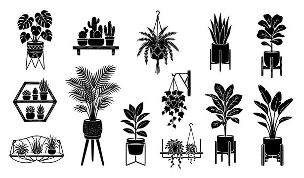 Potted Plant Icon Bundle, Home Decor Botanical Vector Set