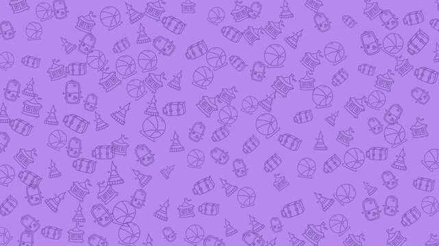 Elegant seamless animated pattern displaying a whimsical collection of travel and holiday themed icons on a vibrant purple background. Ideal for diverse creative projects and digital backdrops.