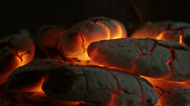 Slow motion close up pan of glowing charcoal embers smoldering and shifting in dark fireplace hearth