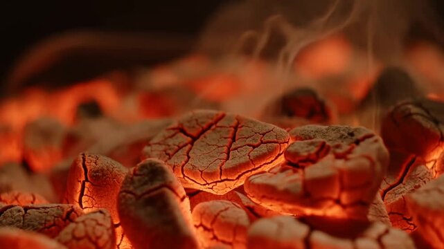 Slow motion close up of glowing charcoal embers smoldering and smoking on grill barbecue hearth in backyard at night