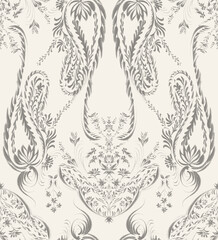Fototapeta premium Light Gray Paisley Damask Seamless Pattern with Floral and Feather Motifs on Cream Background