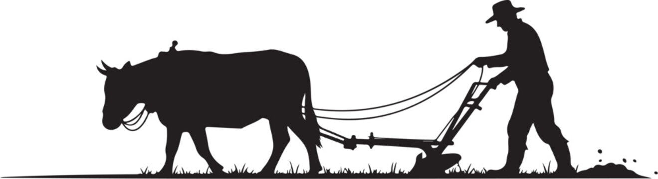 Silhouette of man plowing field with ox bull