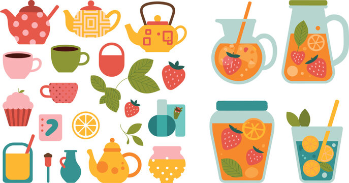 Flat vector illustration collection of tea and fruit infused drinks featuring teapots cups cupcakes strawberries and lemonade jugs for summer party and cafe menu design.