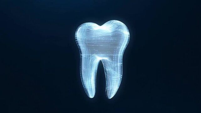 Slow motion rotation of holographic tooth model revealing digital lines and glow against dark studio background