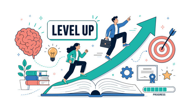 Upskill Career Growth. Clean editorial banner with two ambitious characters climbing around an oversized upward arrow and open book stretching across the full canvas, large brain and target reaching
