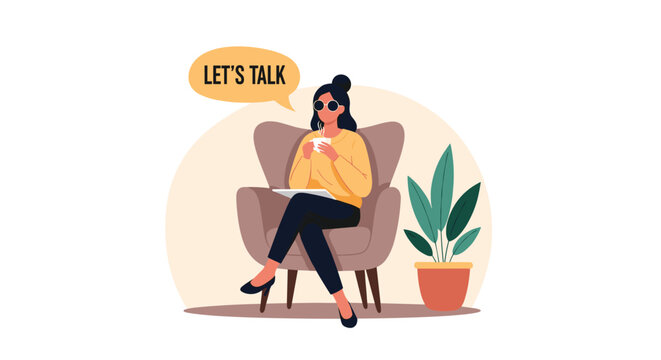 Elegant woman sitting in a comfortable armchair drinking coffee with a speech bubble saying let's talk in a cozy modern lifestyle illustration.