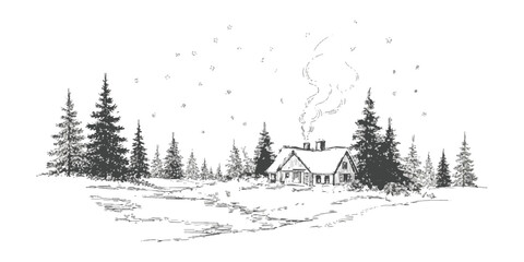 Small wooden cabin in a snowy winter forest with pine trees and smoke coming from the chimney © md