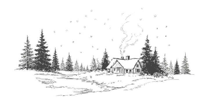 Small wooden cabin in a snowy winter forest with pine trees and smoke coming from the chimney