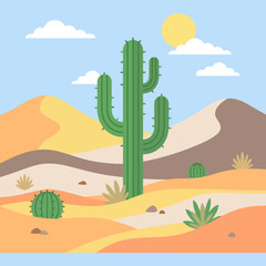 A tall green cactus stands in a bright sunny desert landscape © Queenie