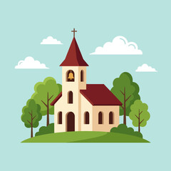 Naklejka premium A small church building sits on a grassy green hill