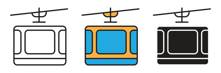Cable Car Or Gondola Icon. Minimalist cable car vector icon set featuring line, flat color, and solid glyph styles for mountain transportation design. © sunaerih