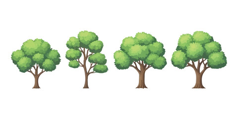 Set of four green trees with lush foliage and brown trunks in a natural style © md