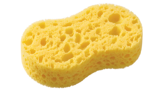 A yellow sponge with many holes on a white background for cleaning purposes