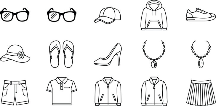 Fashion Clothing and Accessories Outline Icon Set Featuring Shoes Hoodie Skirt Sunglasses Jewelry and Casual Apparel Vector Collection