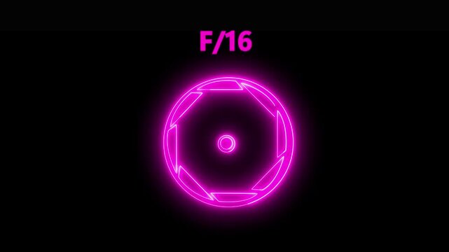 Camera lens neon F/16 icon. Aperture f stop camera lens setting .Camera lens Iris opening and closing, f-stop aperture