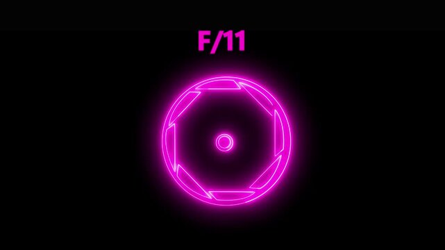 Camera lens neon F/11 icon. Aperture f stop camera lens setting .Camera lens Iris opening and closing, f-stop aperture