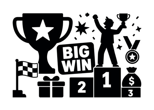 Winner Victory Success. Clean solid filled banner composition showing one oversized trophy cup stretching from left edge, one winner character near right edge, a large podium reaching bottom edge,