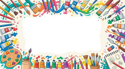 Obraz premium Artistic workshop flat vector background, brushes, pencils and colorful paint splashes around borders, empty center layout