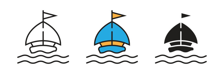Sailboat or Ship Icon. Nautical sailboat vector icon set cruising on waves, ideal for marine, travel, and vacation themes across multiple creative styles. © sunaerih
