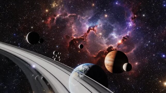 Epic celestial view of planets and moons floating in a breathtaking cosmic nebula of stars and galaxies.