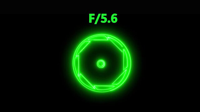 Camera lens neon F/5.6 icon. Aperture f stop camera lens setting .Camera lens Iris opening and closing, f-stop aperture