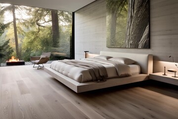 Obraz premium Stylish bedroom showcasing a minimalist design with a large window overlooking a lush forest