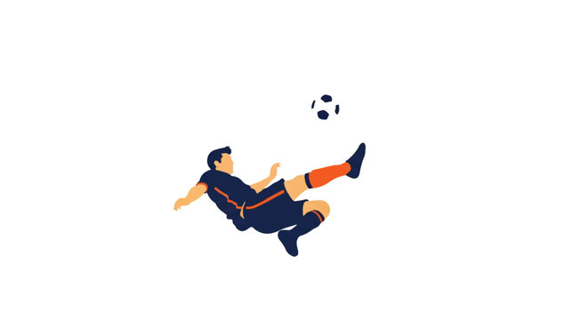 A professional soccer player executing a perfect bicycle kick in mid-air, body horizontal, striking the ball upwards with high energy. High contrast, dynamic silhouette against a vast white