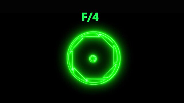 Camera lens neon F/4 icon. Aperture f stop camera lens setting .Camera lens Iris opening and closing, f-stop aperture